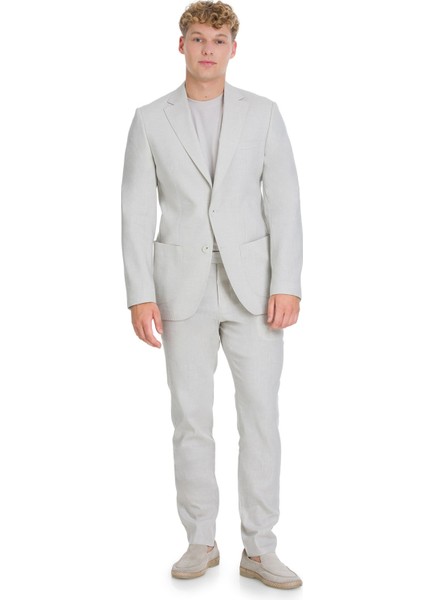 Bej Slim Fit Mono Yaka Keten Takım Elbise