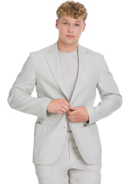 Bej Slim Fit Mono Yaka Keten Takım Elbise