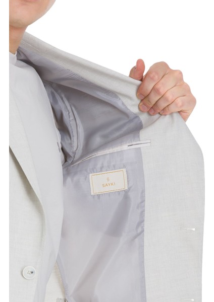 Bej Slim Fit Mono Yaka Keten Takım Elbise