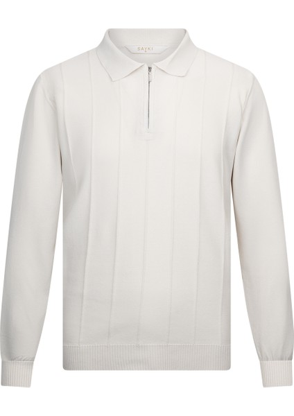 Bej Regular Fit Fermuarlı Polo Yaka Rayon Triko Kazak