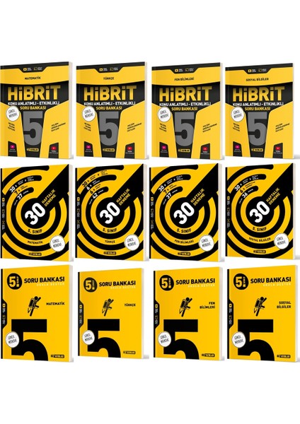 2025 5. Sınıf Matematik + Türkçe + Fen + Sosyal Haftalık Deneme + Hibrit + Soru Seti 12 Kitap