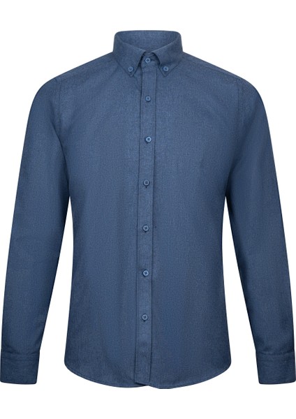 Lacivert Slim Fit Düğmeli Yaka Pamuklu Uzun Kollu Gömlek