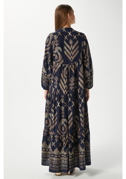 Modest Shine Lacivert Gold Kadın %100 Viskon Maksi Boy Uzun Yazlık Elbise