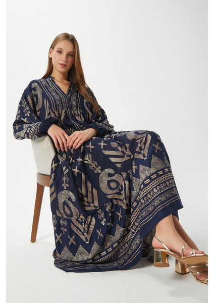 Modest Shine Lacivert Gold Kadın %100 Viskon Maksi Boy Uzun Yazlık Elbise