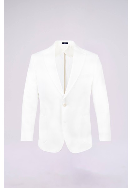 Beyaz Regular Fit Mono Yaka Casual Keten Ceket