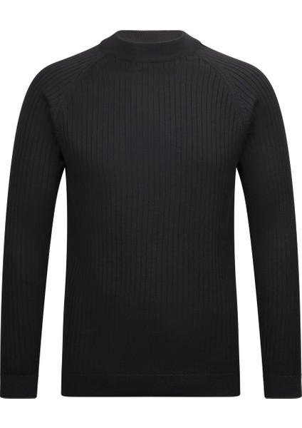 Siyah Regular Fit Fitilli Çeyrek Balıkçı Yaka Pamuklu Triko Kazak