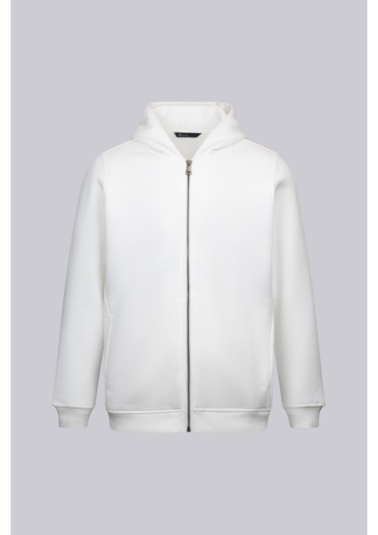 Beyaz Regular Fit Pamuklu Tam Fermuarlı Kapüşonlu Sweatshirt