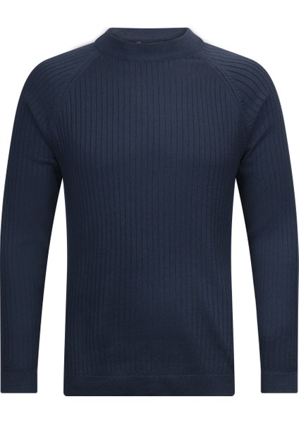 Lacivert Regular Fit Fitilli Çeyrek Balıkçı Yaka Pamuklu Triko Kazak