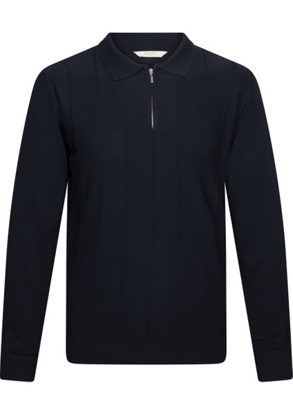 Lacivert Regular Fit Fermuarlı Polo Yaka Rayon Triko Kazak