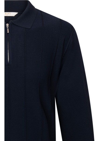 Lacivert Regular Fit Fermuarlı Polo Yaka Rayon Triko Kazak modelleri