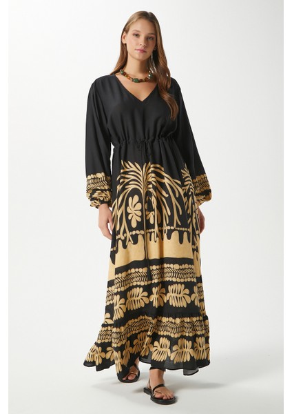 Modest Kadın Honey Siyah Bel Büzgülü %100 Viskon V Yaka Uzun Yazlık Elbise