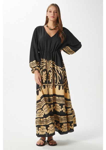 Modest Kadın Honey Siyah Bel Büzgülü %100 Viskon V Yaka Uzun Yazlık Elbise fiyatları