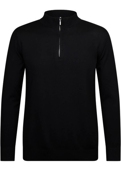 Siyah Regular Fit Fermuarlı Yarım Balıkçı Yaka Kazak