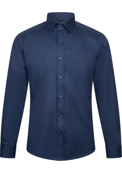 Lacivert Slim Fit Slim Yaka 100% Pamuk Uzun Kollu Flanel Gömlek