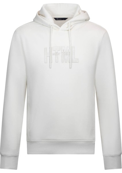 Beyaz Regular Fit Pamuklu Kapüşonlu Kanguru Cepli Sweatshirt