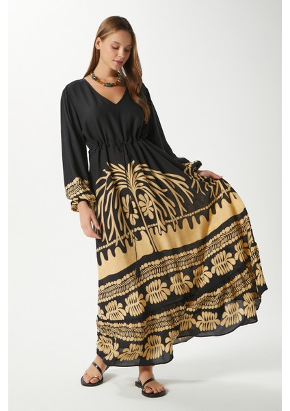 Modest Kadın Honey Siyah Bel Büzgülü %100 Viskon V Yaka Uzun Yazlık Elbise modelleri