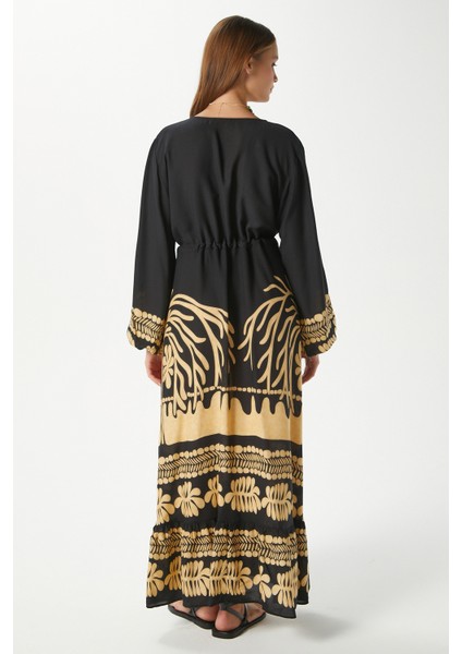 Modest Kadın Honey Siyah Bel Büzgülü %100 Viskon V Yaka Uzun Yazlık Elbise fırsatları