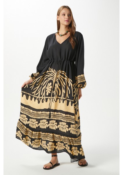 Modest Kadın Honey Siyah Bel Büzgülü %100 Viskon V Yaka Uzun Yazlık Elbise