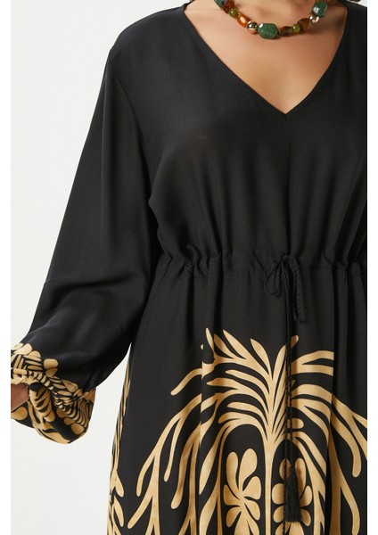 Modest Kadın Honey Siyah Bel Büzgülü %100 Viskon V Yaka Uzun Yazlık Elbise