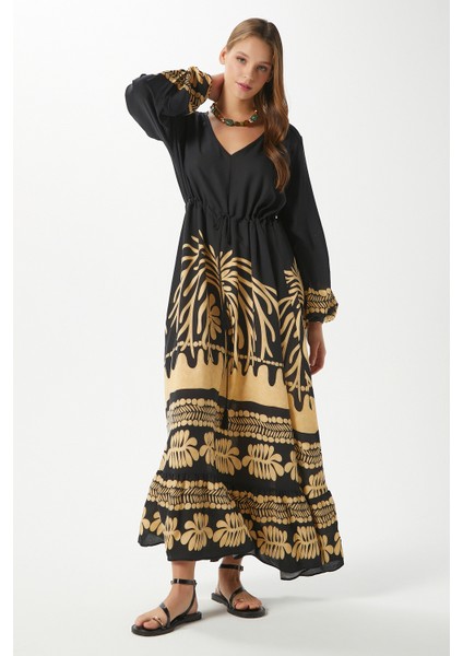 Modest Kadın Honey Siyah Bel Büzgülü %100 Viskon V Yaka Uzun Yazlık Elbise