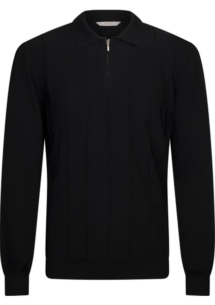 Siyah Regular Fit Fermuarlı Polo Yaka Rayon Triko Kazak
