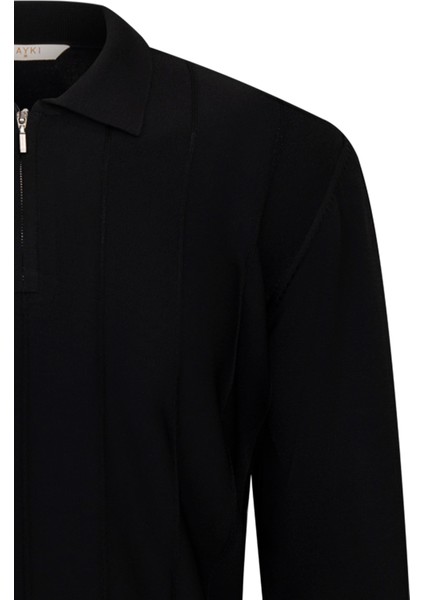Siyah Regular Fit Fermuarlı Polo Yaka Rayon Triko Kazak modelleri