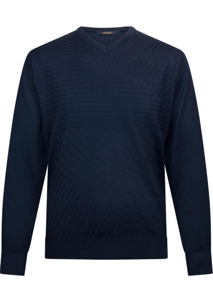 Lacivert Regular Fit V Yaka Yünlü Triko Kazak