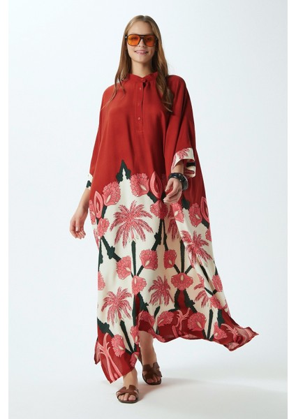 Modest Kadın Hawai %100 Viskon Maksi Boy Tarçın Uzun Yazlık Elbise