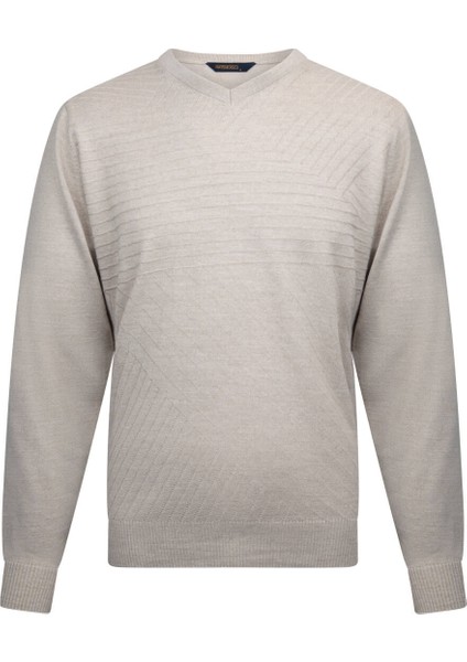 Bej Regular Fit V Yaka Yünlü Triko Kazak