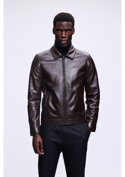 Siyah Slim Fit Bebe Yaka 100% Hakiki Deri Mont