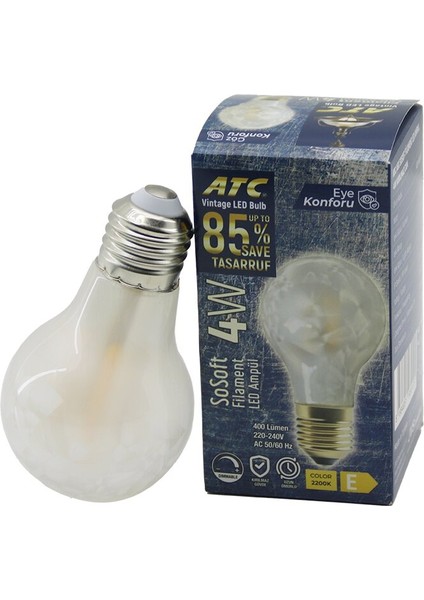 ATC-A60-SS Vintage Sosoft Filament 4W LED Ampul Lamba E27 Kırılmaz Plastik Cam 400 Lümen 2200K 25.000 Saat (4401)