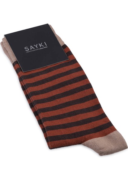 Bej Çizgili Pamuklu Soket Çorap