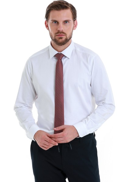 Beyaz Slim Fit Düz 100% Pamuk Slim Yaka Uzun Kollu Saten Gömlek
