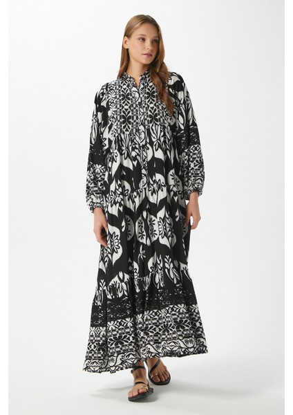 Modest Kelly Siyah Kadın %100 Viskon Maksi Boy Katlı Balon Kol Uzun Yazlık Elbise fiyatları