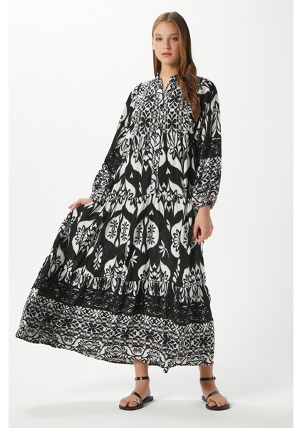 Modest Kelly Siyah Kadın %100 Viskon Maksi Boy Katlı Balon Kol Uzun Yazlık Elbise modelleri