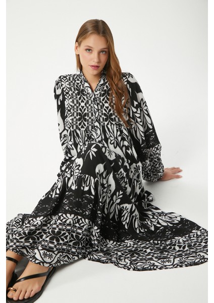 Modest Kelly Siyah Kadın %100 Viskon Maksi Boy Katlı Balon Kol Uzun Yazlık Elbise fırsatları