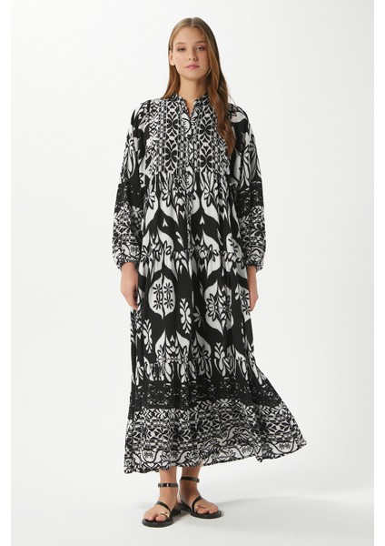 Modest Kelly Siyah Kadın %100 Viskon Maksi Boy Katlı Balon Kol Uzun Yazlık Elbise