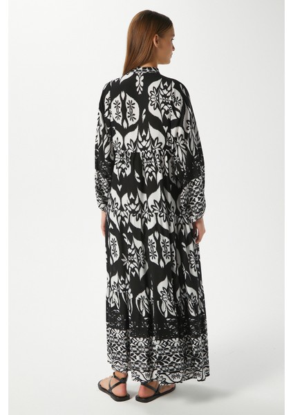 Modest Kelly Siyah Kadın %100 Viskon Maksi Boy Katlı Balon Kol Uzun Yazlık Elbise