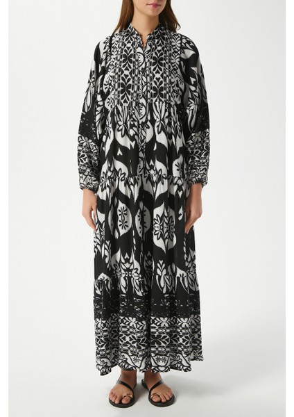 Modest Kelly Siyah Kadın %100 Viskon Maksi Boy Katlı Balon Kol Uzun Yazlık Elbise