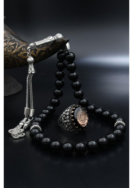 Doğal Oniks Taşlı Tesbih ve 925 Ayar Gümüş Yüzük Sıkma Kehribar Taşlı Hz. Süleyman Mührü 902062