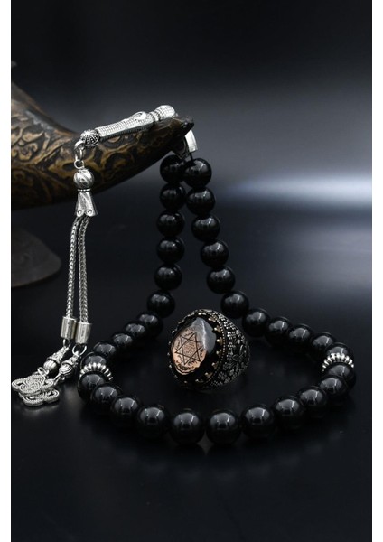 Doğal Oniks Taşlı Tesbih ve 925 Ayar Gümüş Yüzük Sıkma Kehribar Taşlı Hz. Süleyman Mührü 902062 modelleri