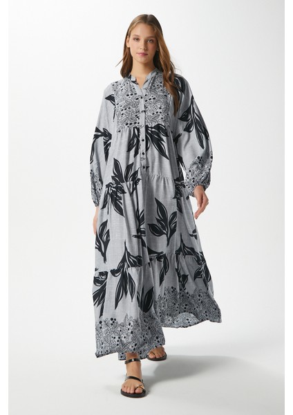 Modest Freya Gri Kadın %100 Viskon Maksi Boy Katlı Balon Kol Uzun Yazlık Elbise fiyatları