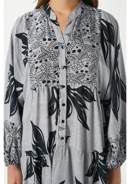 Modest Freya Gri Kadın %100 Viskon Maksi Boy Katlı Balon Kol Uzun Yazlık Elbise modelleri