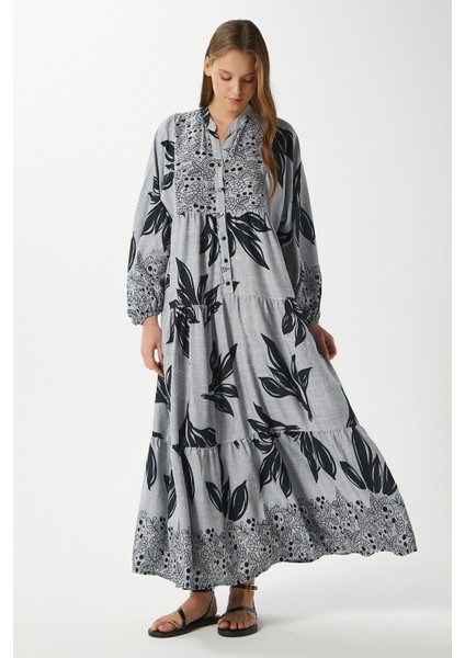 Modest Freya Gri Kadın %100 Viskon Maksi Boy Katlı Balon Kol Uzun Yazlık Elbise fırsatları