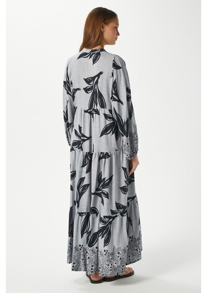 Modest Freya Gri Kadın %100 Viskon Maksi Boy Katlı Balon Kol Uzun Yazlık Elbise indirimleri