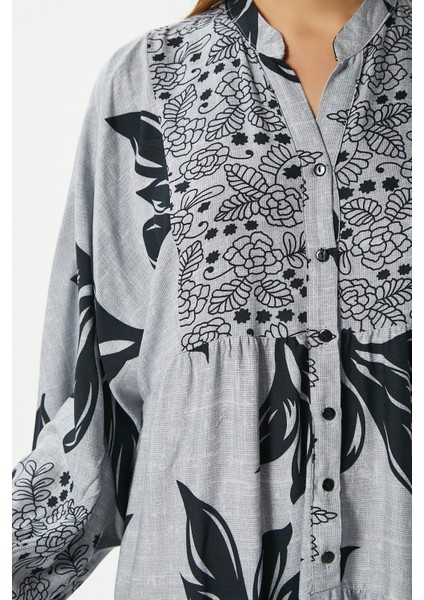 Modest Freya Gri Kadın %100 Viskon Maksi Boy Katlı Balon Kol Uzun Yazlık Elbise