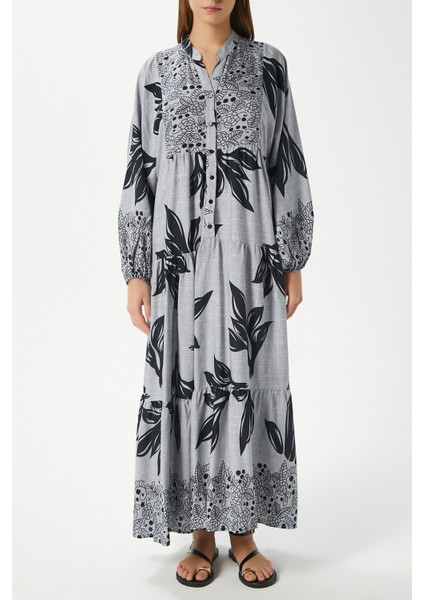 Modest Freya Gri Kadın %100 Viskon Maksi Boy Katlı Balon Kol Uzun Yazlık Elbise