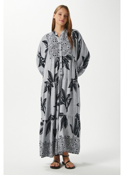 Modest Freya Gri Kadın %100 Viskon Maksi Boy Katlı Balon Kol Uzun Yazlık Elbise