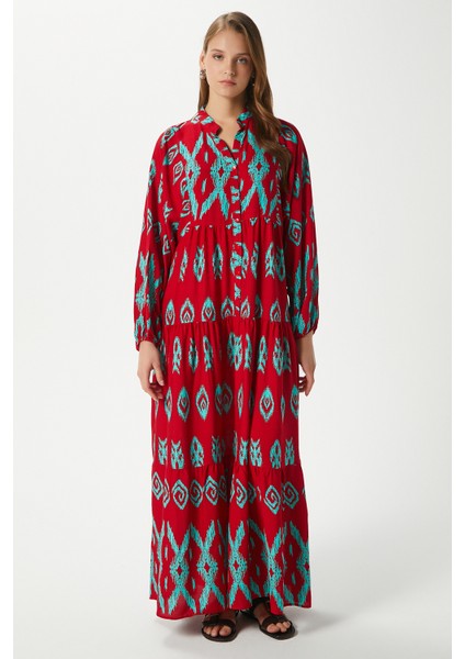 Modest Megan Kırmızı Turkuaz Kadın %100 Viskon Maksi Boy Katlı Balon Kol Uzun Yazlık Elbise fiyatları