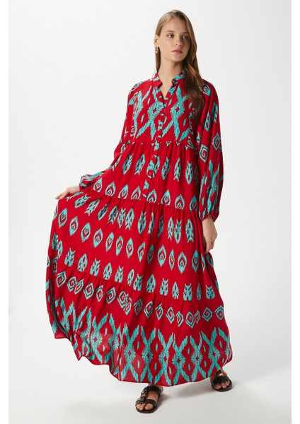Modest Megan Kırmızı Turkuaz Kadın %100 Viskon Maksi Boy Katlı Balon Kol Uzun Yazlık Elbise modelleri